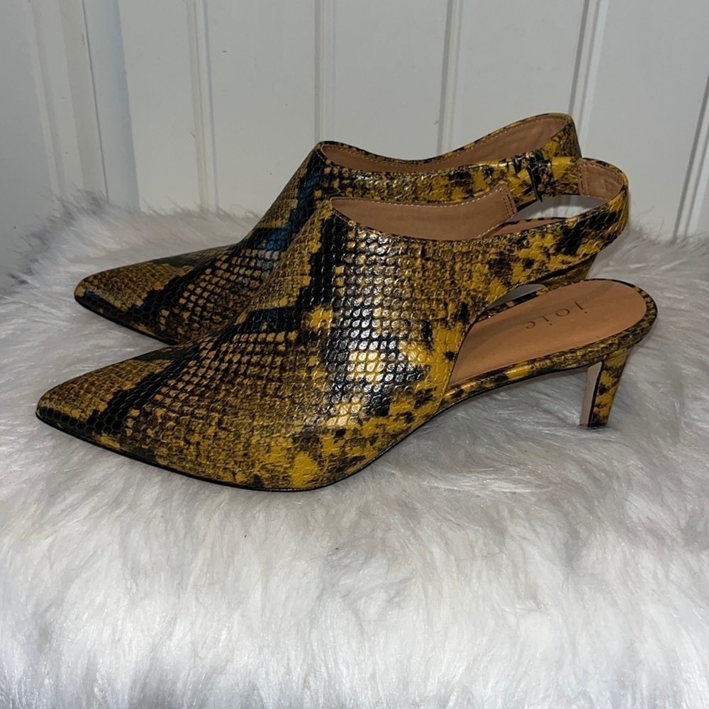 JOIE Rines mustard yellow/ black snakeskin print slingback pointed heel sz 38.5